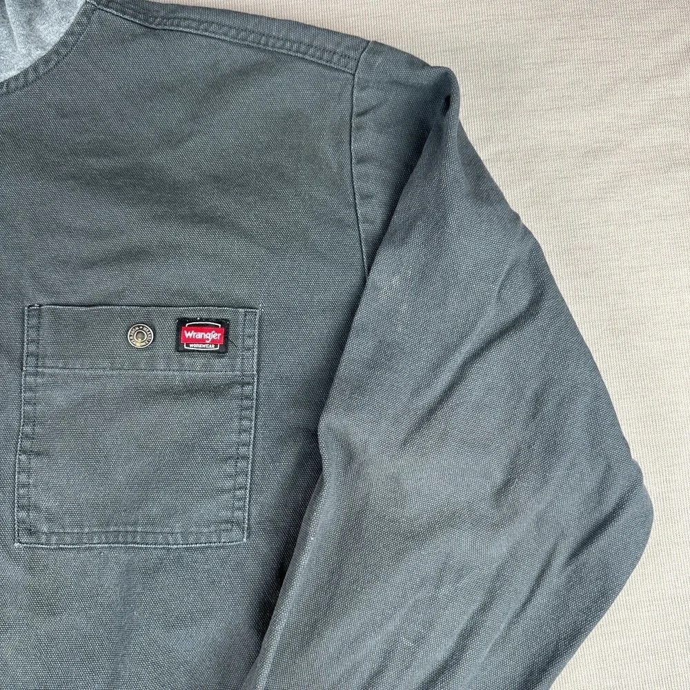 Wrangler Workwear Snap Shirt Hooded Jacket XL Gray Canvas (Drawstring Removed)